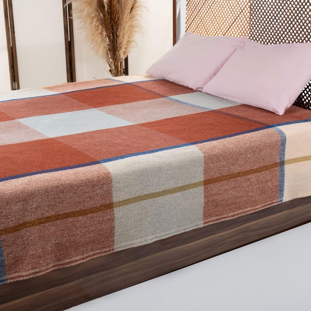 İskandinav Serisi Woolmark Çift Kişilik Saf Yün Ekose Battaniye/Yatak Örtüsü Krem Kiremit Mavi, 200x220 cm